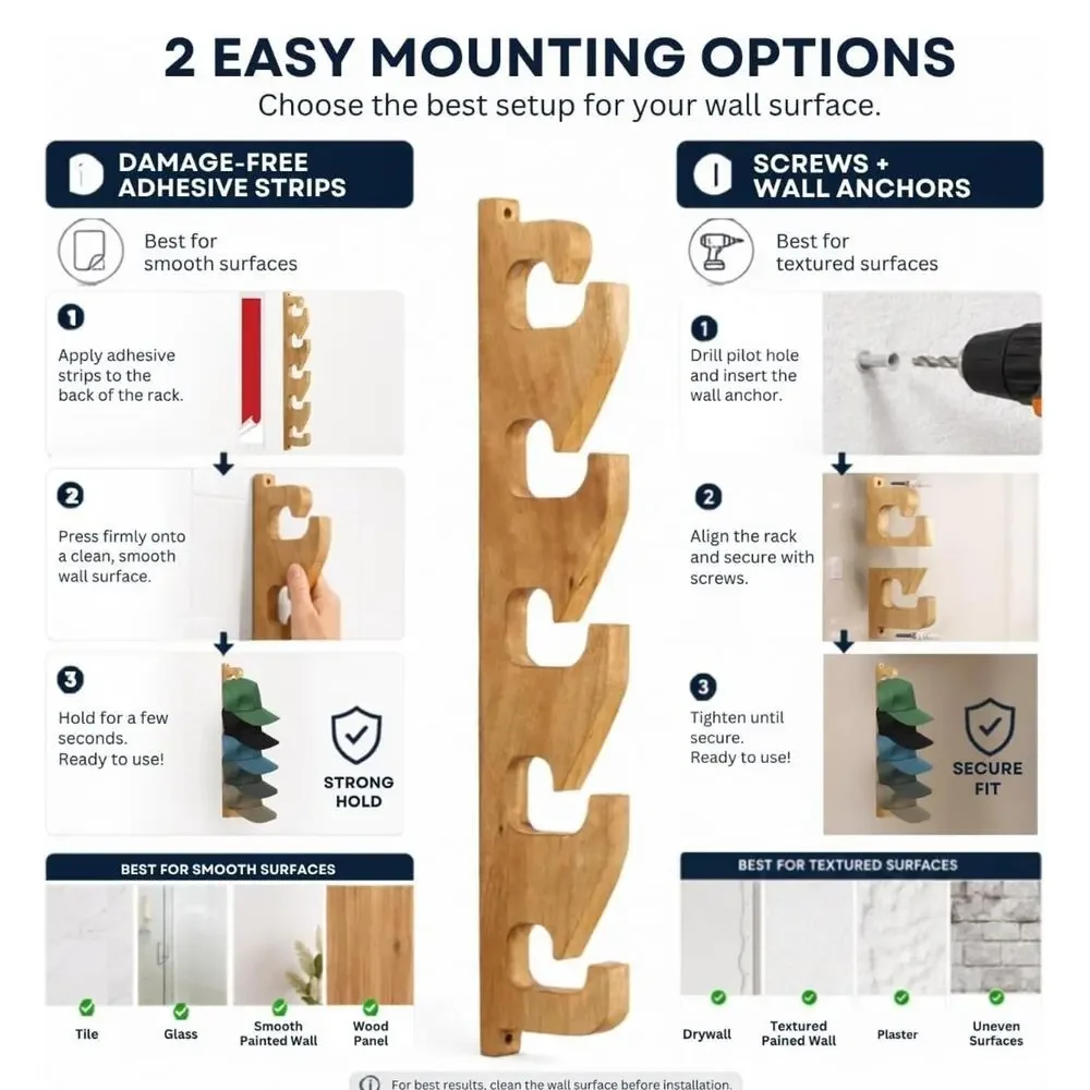 2PCS Acacia Wood Hat Organizer Wall Mount Hat Rack for Baseball Caps Vertical